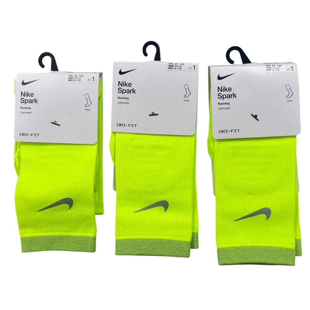 3PK Nike Spark Running Lightweight Crew Socks Volt Neon Yellow M 6-7.5 W‎ 7.5-9